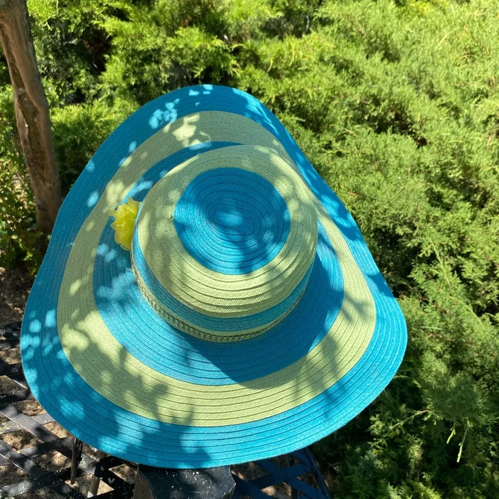 Fair Weather Blue and Green Striped Wide-Brim  Sun Hat - Picture 8 of 9